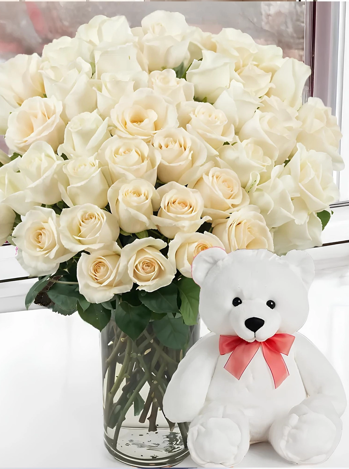 40 Tane Beyaz Gül ve Ayıcık