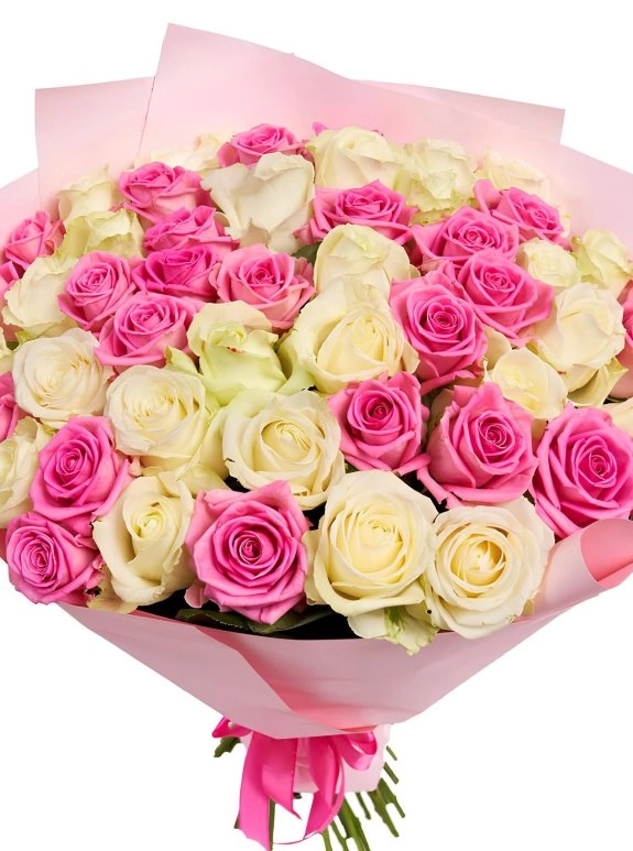 51 Adet Pembe ve Krem Gül Buketi